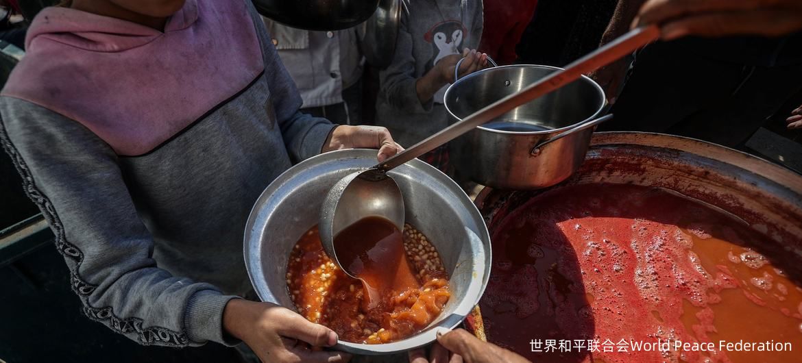一名儿童在加沙的公共厨房领取食物。